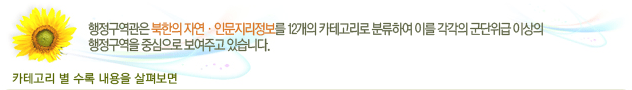 행정구역관은 북한의 자연,인문지리정보를 12개의 카테고리로 불류하여 이를 각각의 군단위급 이상의 행정구역을 중심으로 보여주고 있습니다. - 카테고리 별 수록 내용 보기